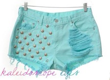 Vtg LEVIS High Waist Pastel Turquoise Dyed STUDDED Destroyed Cut Off Shorts XL