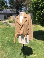 Zara Tan Faux Suede Biker Style Jacket Size 14 Studded Silver Thread Detail