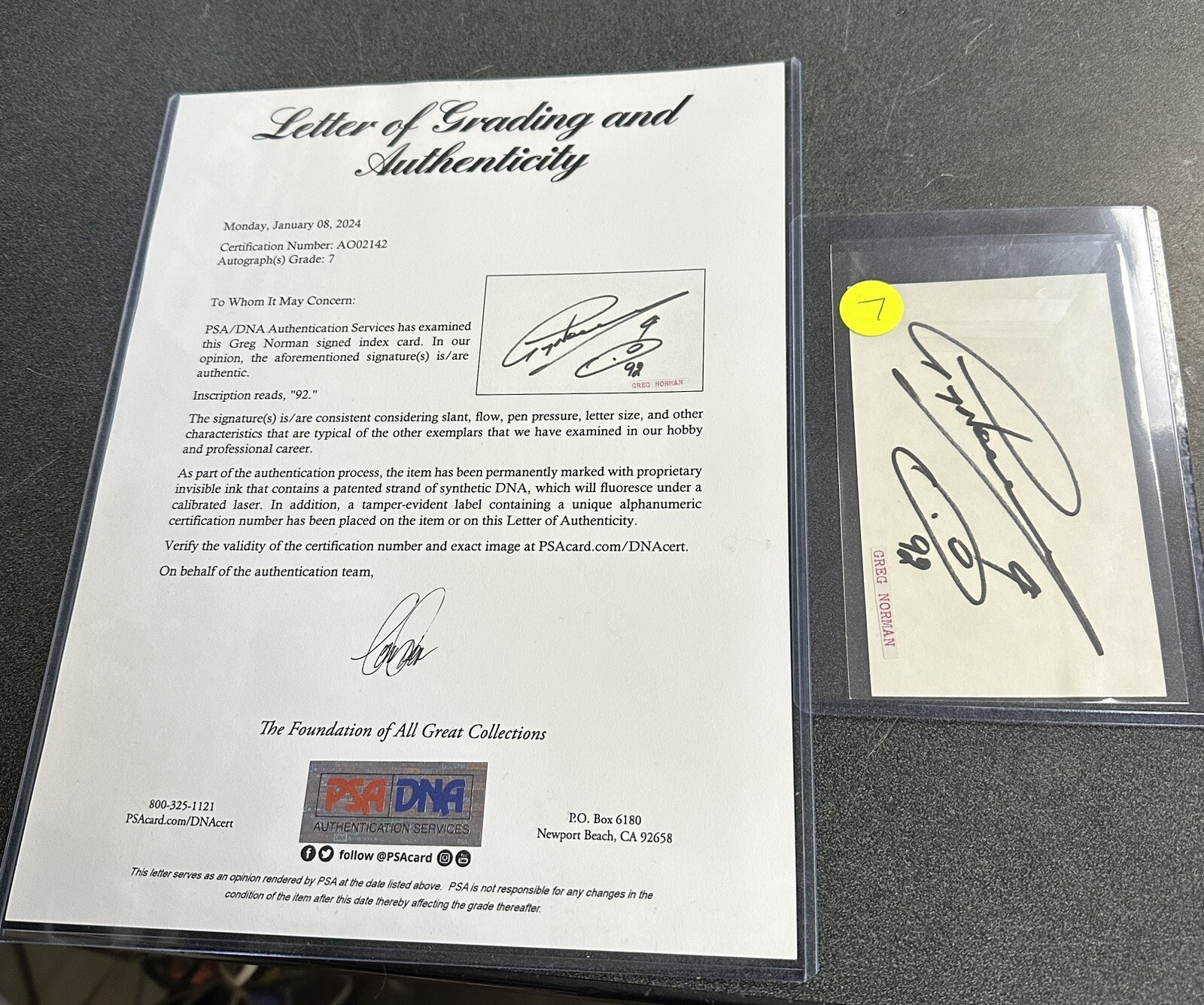Greg Norman Autographed Signed Index Card PSA/DNA WITH GRADE 7 