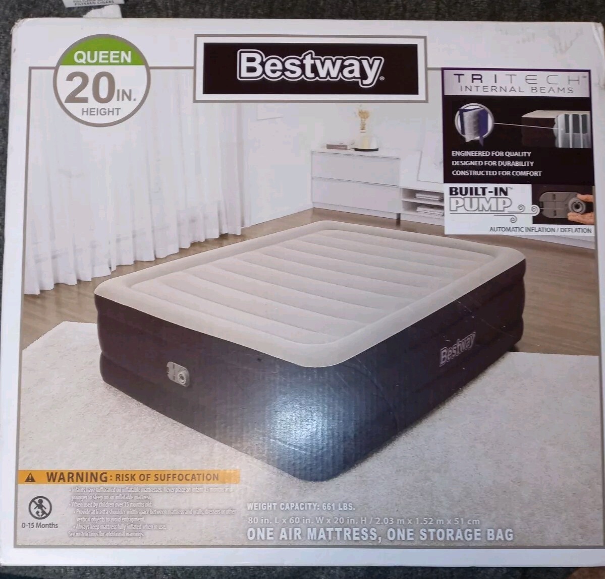 New Bestway 20" Queen Air Mattress In Maroon with Builtin Pump And