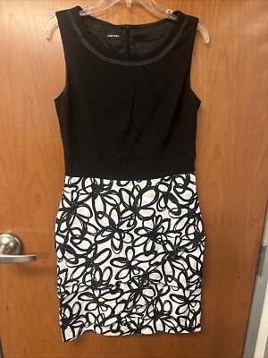 GERRY WEBER Smart Pencil Block Black Floral Print Fitted Lined Dress sz 8-10
