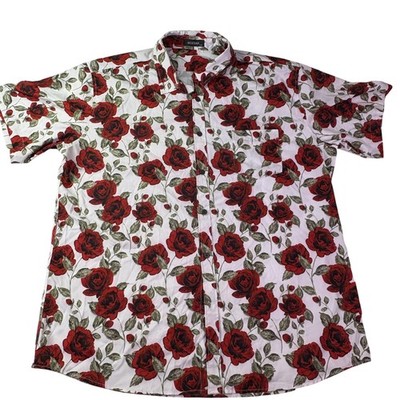 MCEDAR Shirt Mens 2XL White Red Rose Floral Button Up Short Sleeve Pocket Casual