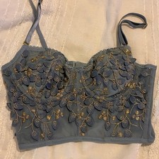 Blue Gold Floral Embroidered Corset Bustier Top Size L 3D Applique Fairycore