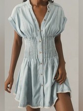 Anthropologie Pilcro Shirred-Waist Buttondown Mini Dress Sz M