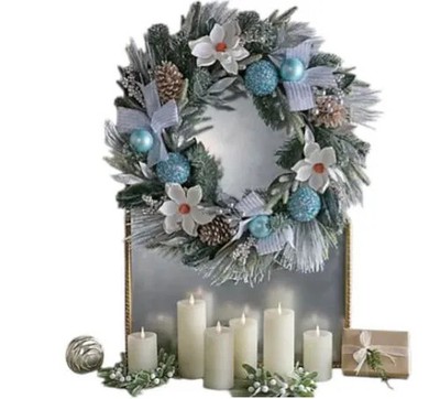 Kim Gravel 26'' Luxe Ribbon and Pinecone Magnolia Wreath Icy Blue