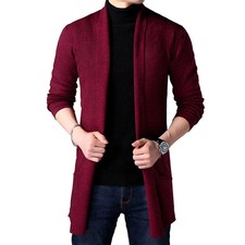 Men Long Style Wool Sweater X-Long Knit Sweater Jackets Solid Color Sweatercoat