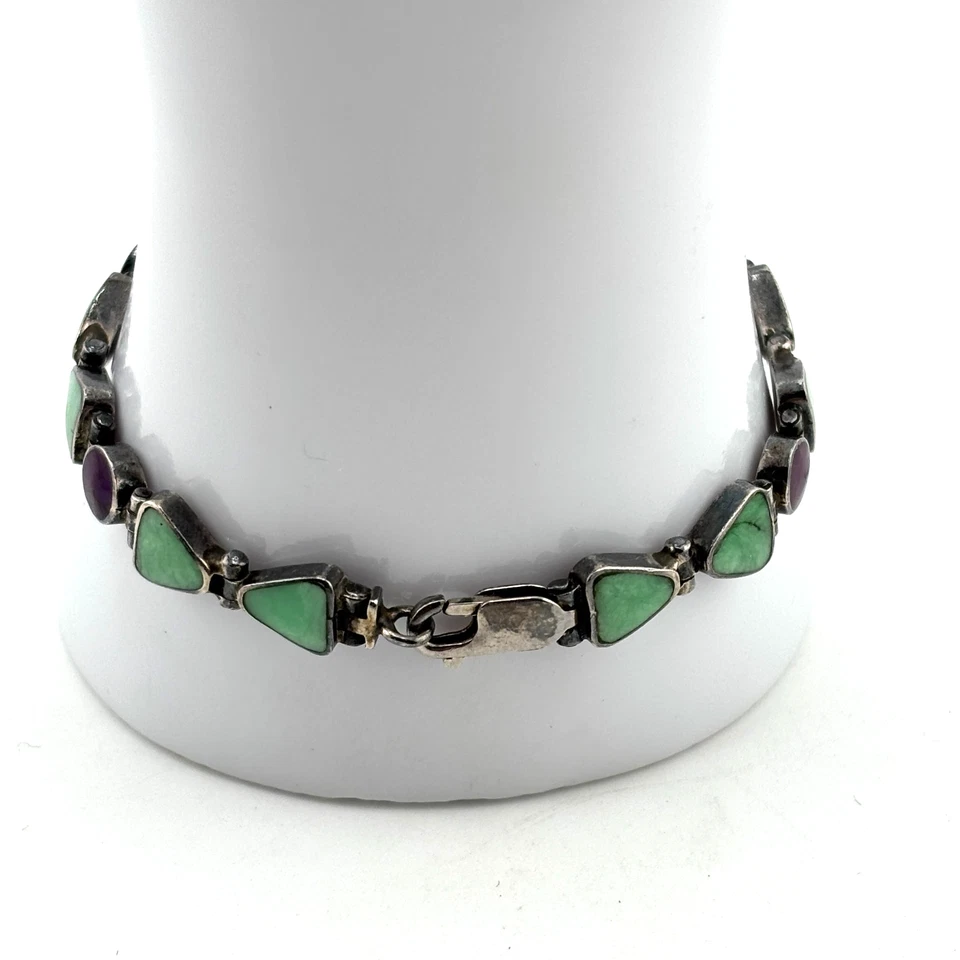 Vintage Sterling Silver Amethyst & Green Garnet Link Bracelet 925 - 7.25" - Image 3 of 4