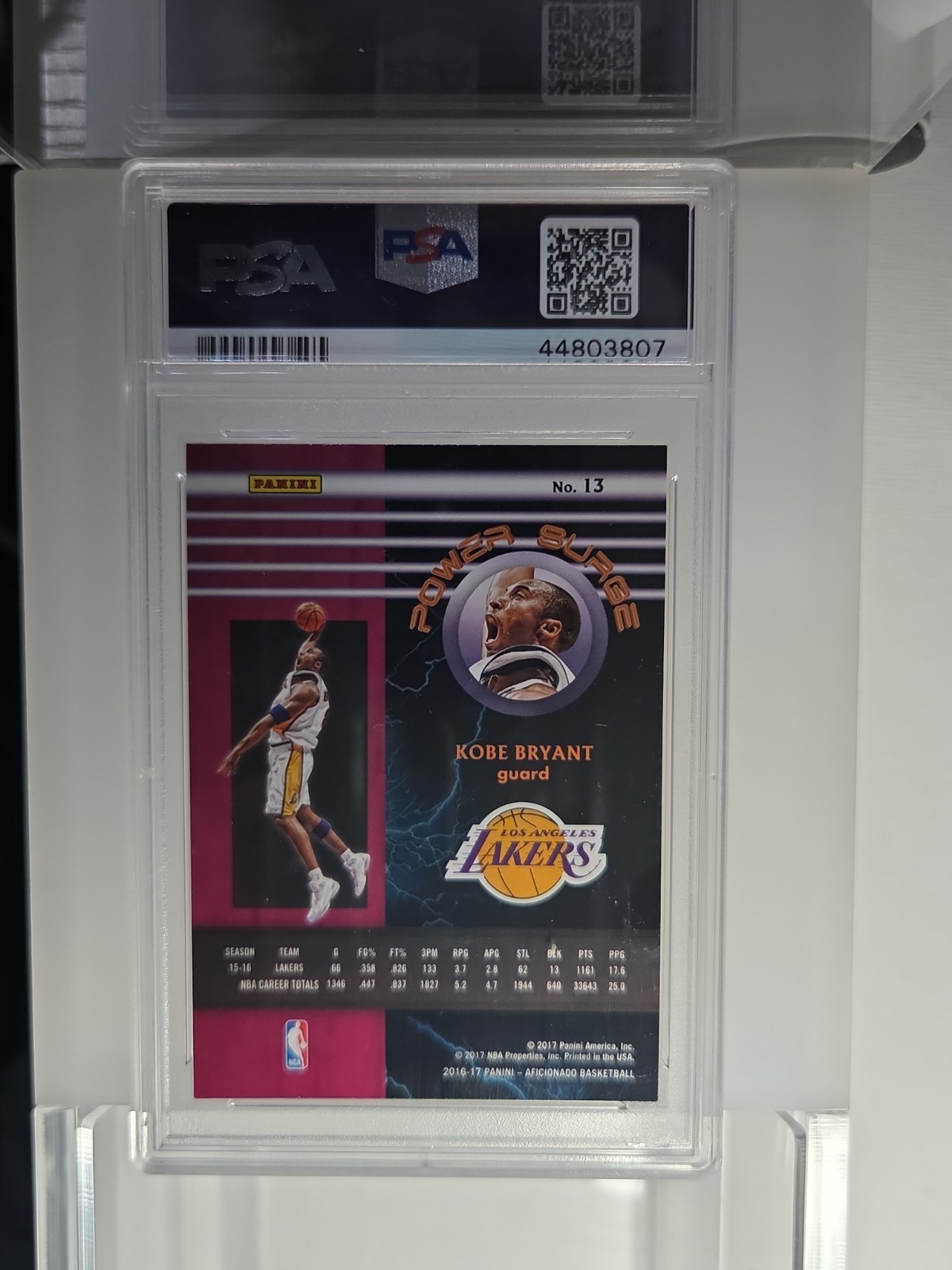 2016 Panini Aficionado Power Surge Kobe Bryant #13 PSA 9 MINT Lakers Legend HOF view 4