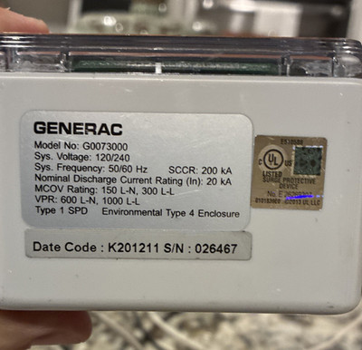 Generac G0073000 Type 1 SPD Surge Protective Device MPN G0073000