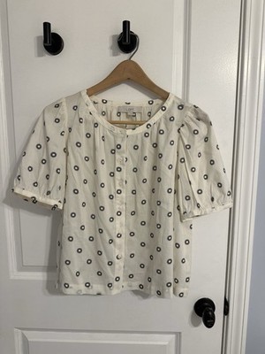 Boho Peasant Style Loft Dotted Bubble Sleeve Cream Button Front Blouse  Small