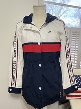 Tommy Hilfiger Women  s Hooded Windbreaker Jacket Logo Tape Red White Blue Size M