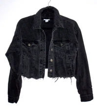 Black Denim Jacket Cropped Raw Edge Fring Hem Jr Miss Small Cotton Short Dstresd