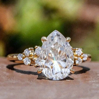 3.20carat Pear Cut Diamond Engagement Wedding Prong Ring 14K Yellow Gold Plated - image 1 of 4