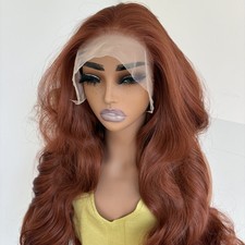 Women Natural Copper Red Heat Resistant Synthetic Hair Lace Front Wigs Long Wavy