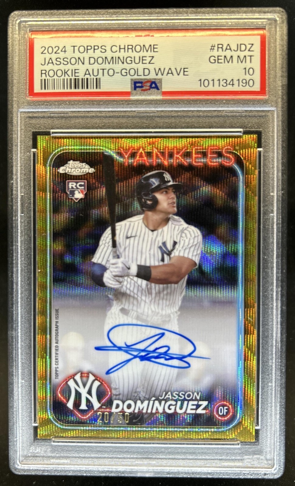 2024 Topps Chrome Jasson Dominguez Rookie Auto Gold Wave Refractor #/50 PSA 10 view 1