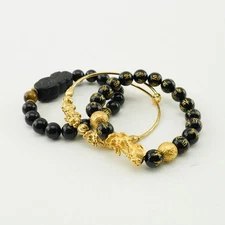 3 BUDDHA POWER-FENG SHUI BLACK OBSIDIAN/GOLD TONE WEALTH BRACELET NICE