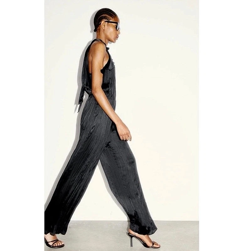 Zara Black Silk Satin Halter High Neck Ruffle Sleeveless Straight Jumpsuit Sz S - Image 2 of 4