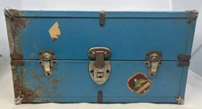 Vintage Steamer Doll Trunk Blue Metal Inside Drawer Hanger Travel Stickers