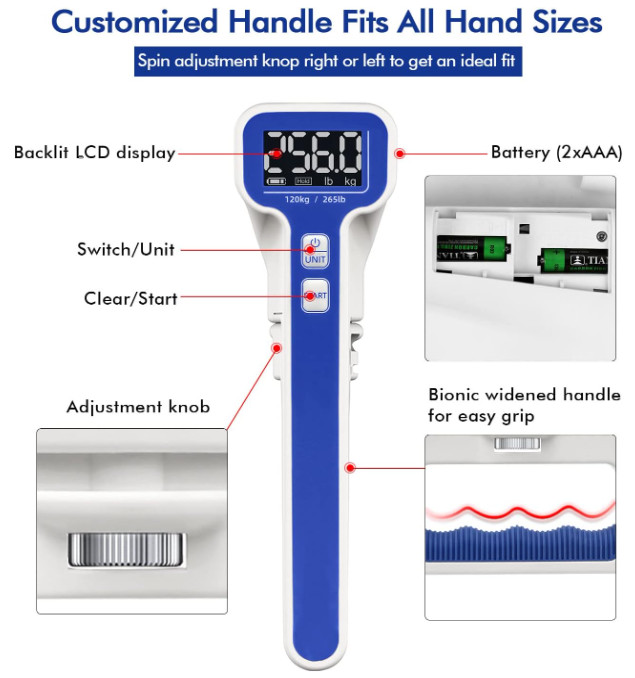 Grip Strength Tester 265lb/120kg, Digital Hand Dynamometer FDA Registered LCD