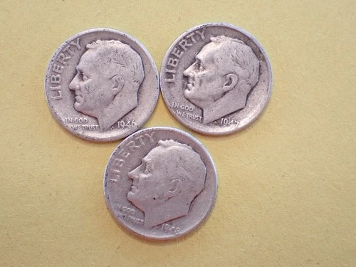 3  Roosevelt Dimes 90% Silver dated 1946D 1947D 1948D Good/VG Condition ROOS 002