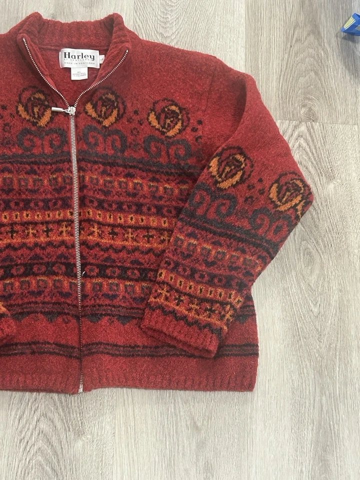 Cárdigan suéter para mujer Harley of Scotland de lana merino rojo cremallera completa L Foto 3 de 4