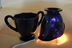 Black Amethyst Glass Depression Footed Creamer & Open Sugar Vintage