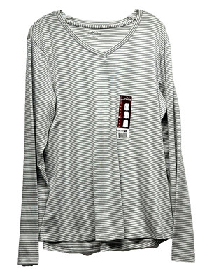 Eddie Bauer Women's Light Grey Stripe Cotton Blend XL V-Neck Shirt (C6)