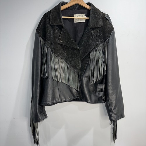 Vintage Lariat Fringe Snake Print Leather Jacket Size XL - Picture 2 of 20