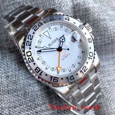 40/43mm Bliger White Dial Luminous Marks Sapphire Glass Rotating Bezel GMT Watch