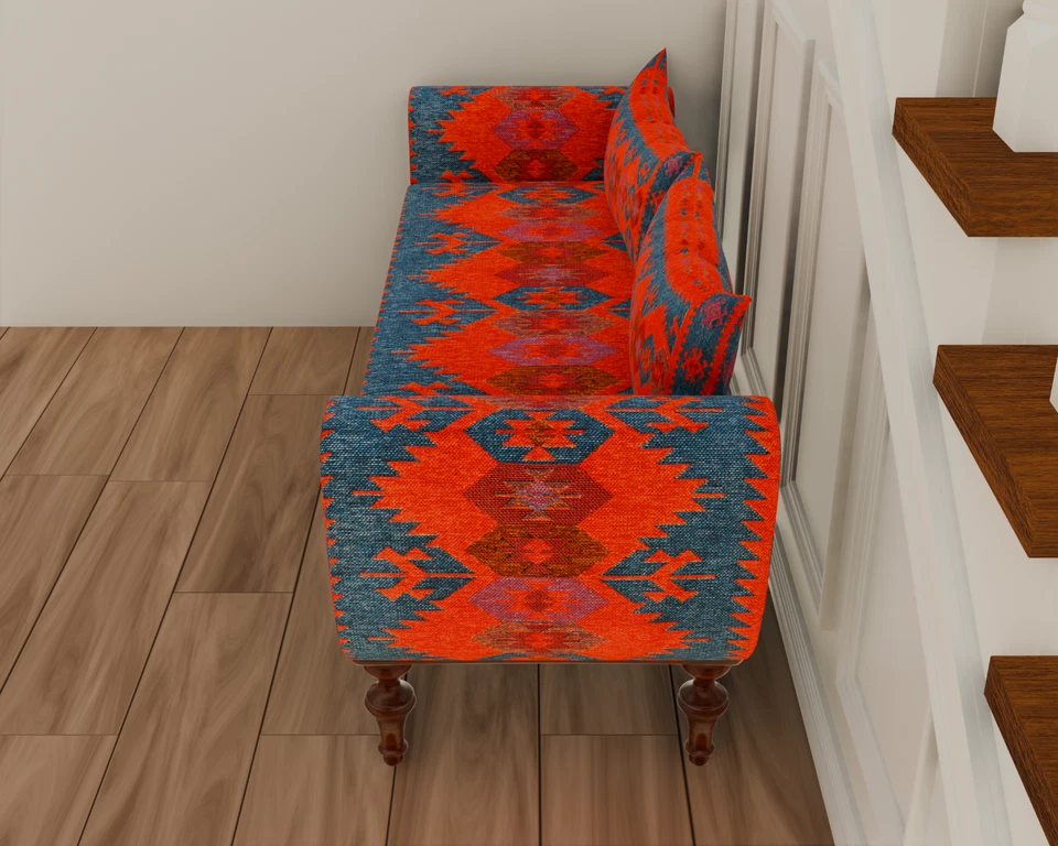 Red Blue Contemporary Kilim Pattern Armed Storage Bench Sofa without Back - Image 4 of 4