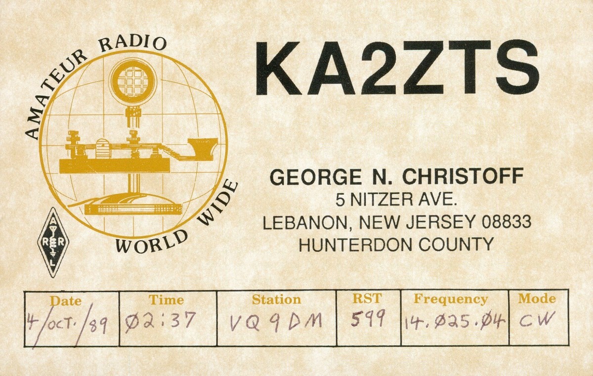 1989 QSL Radio Card KA2ZTS to VQ9DM Lebanon New Jersey USA #238 | eBay