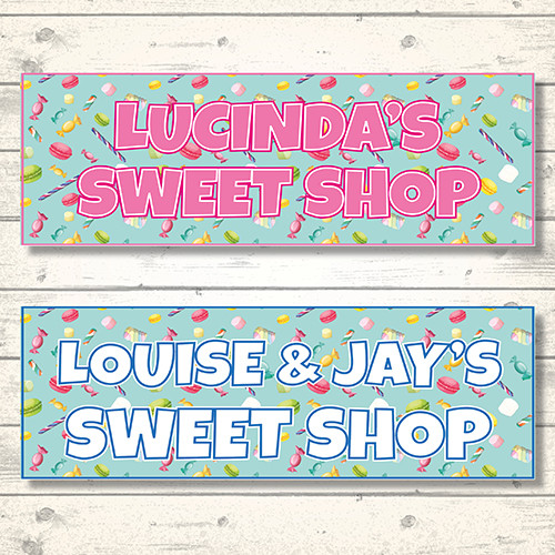 2 BANNERS PERSONALIZADOS DE CELEBRACIÓN DE FIESTA SWEET SHOP - CUALQUIER NOMBRE(S) CUALQUIER MENSAJE - Imagen 1 de 4