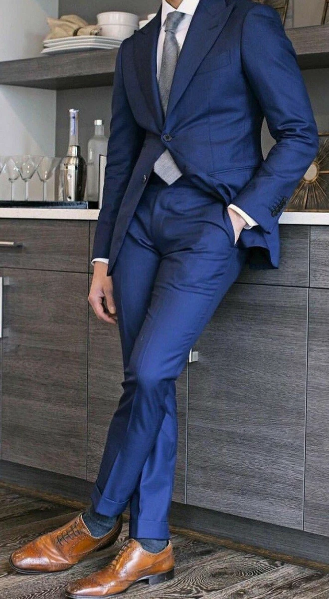 Men Blue Suits Stylish Two Button Designer Grooms Wedding Dinner Suit  Coat+Pants