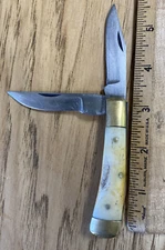 Vintage Handmade Folding Knife To Blade Bone Handle Brass Bolsters No Maker Mark