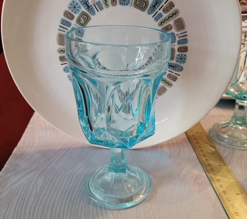 Vtg. Pristine '60's Set of 4 Anchor Hocking Aquamarine Pedestal 6" Wine Glasses 