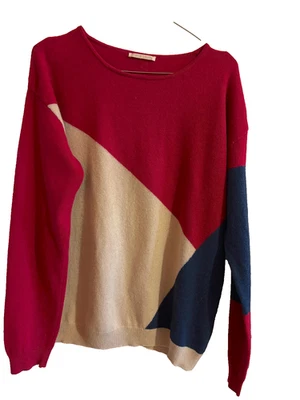 DIANE LAURY pull col rond ample taille 2 ou 38 fuschia beige et bleu marine - Photo 1/3