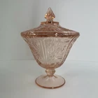 Pink Floral Depression Glass Candy Dish Compote Pedestal Lidded
