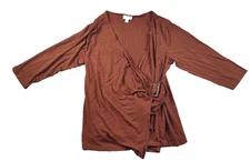 Cold Water Creek Womens XL Maroon Pullover Long Sleeve Belted Wrap Style Blouse