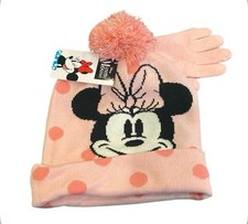 Disney Minnie Mouse Hat Cap and Gloves set Pink Polka Dot Beanie ages 4-12