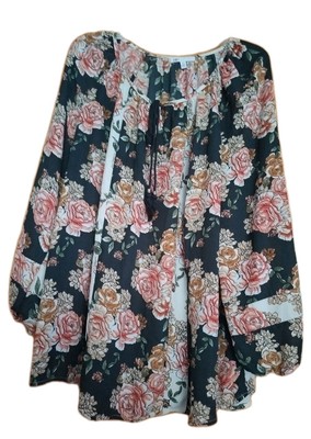 Daniel Rainn DR2 Black Blooming Floral Print Top Size 3x, Hi-Lo Hem, Tie Neck