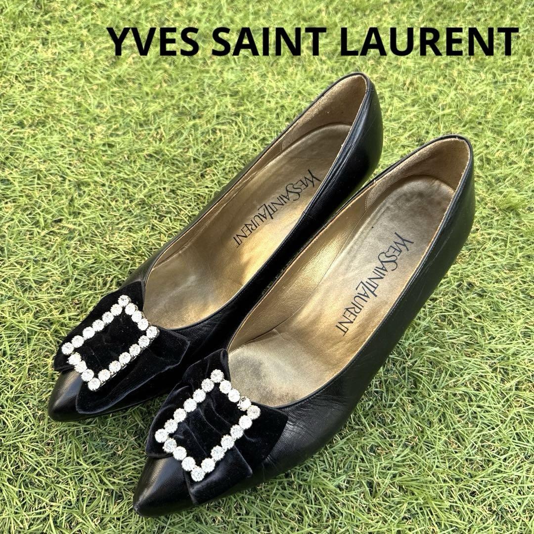 Saint Laurent decolte tacco YSL EU37 US7 nastro pelle nero 09876a