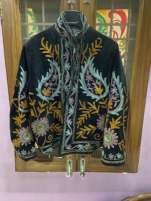 Handmade Black Velvet Embroidered Jacket Boho Floral Folk Art Statement Coat