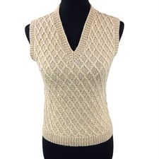 Vintage Wool Hand Knit Sweater Vest Size Small Tan Basket Weave