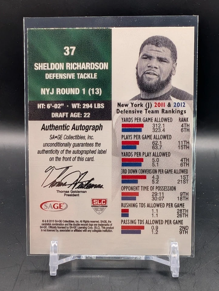 2013 SAGE Next Acetate Die Cut 37 Sheldon Richardson Rookie Auto 01/05 - Image 2 of 2