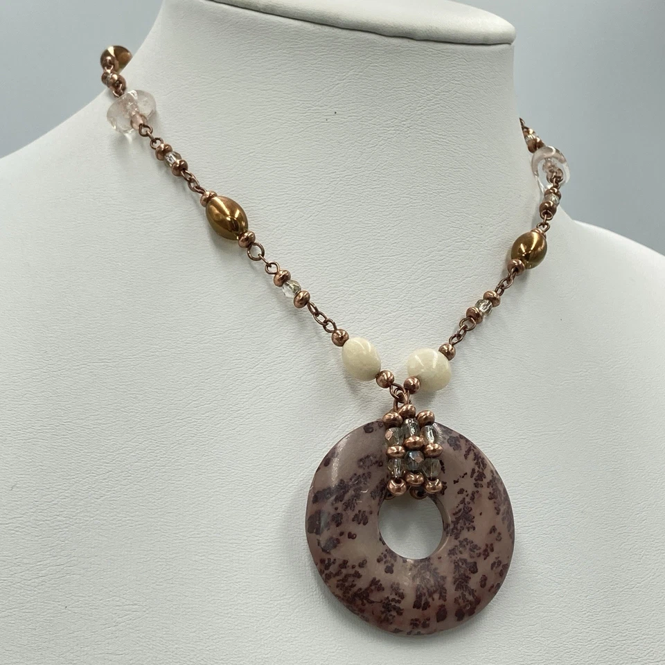 Collar Lia Sophia 19" Tono Cobre Donut Piedra Colgante Firmado Boho Ajustable Foto 2 de 4