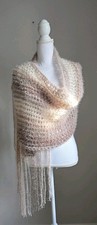 Handmade Shawl Wrap Soft Boho Scarf Beige Tan Fringed 20x66"
