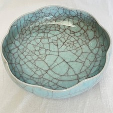 Vintage Crackle Glaze Celadon Bowl Scalloped Edge, Sea Blue
