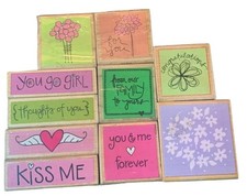 Wooden Rubber Stamps Set Fun Craft Designs Floral Heart Sentiments