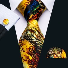 Barry Wang Mens Tie Yellow Geometric Fashion Necktie Hankie Cufflinks Set Gift