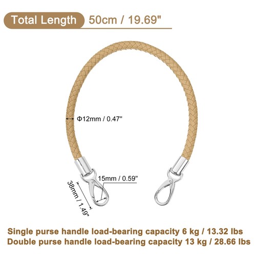 50cm Short Leather PU Braided Purse Replacement Handle - Apricot, Silver - Picture 2 of 6
